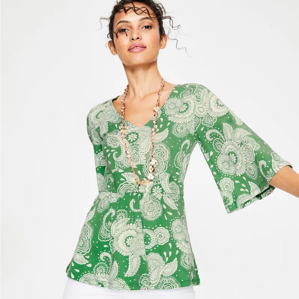 Boden louisa bell sleeve top green paisley print womens size 10
